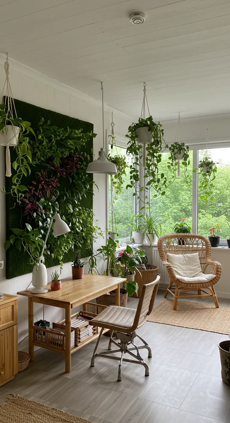 A bright room with a living plant wall behind a wooden desk, with many hanging plants.