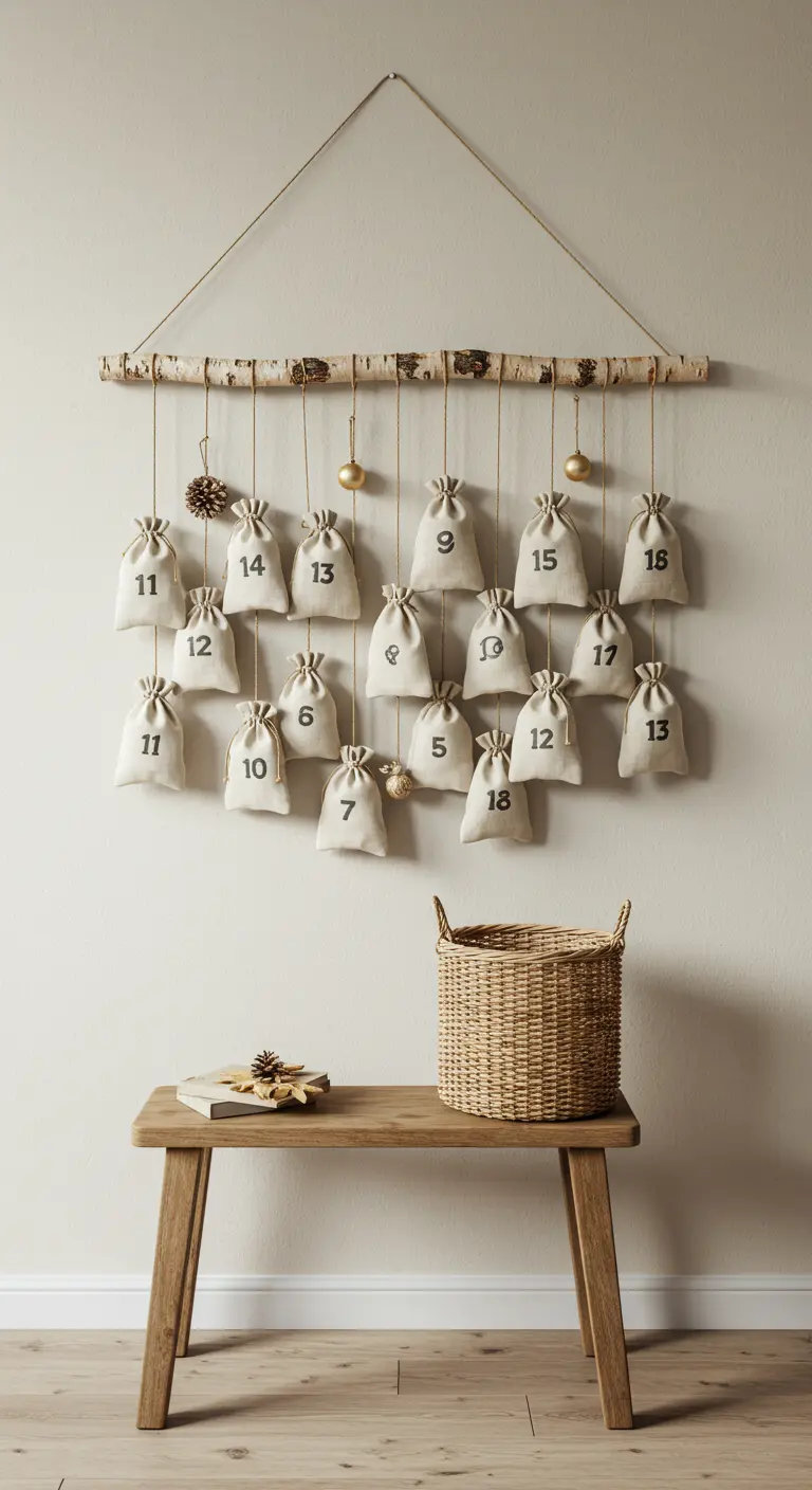 DIY advent calendar made from a birch branch and numbered linen bags.