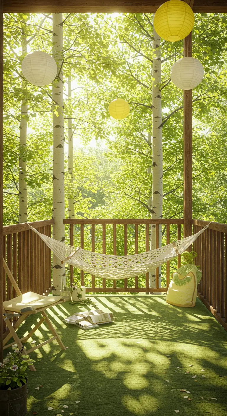 Sunny balcony with a hammock, paper lanterns, and a view of birch trees.