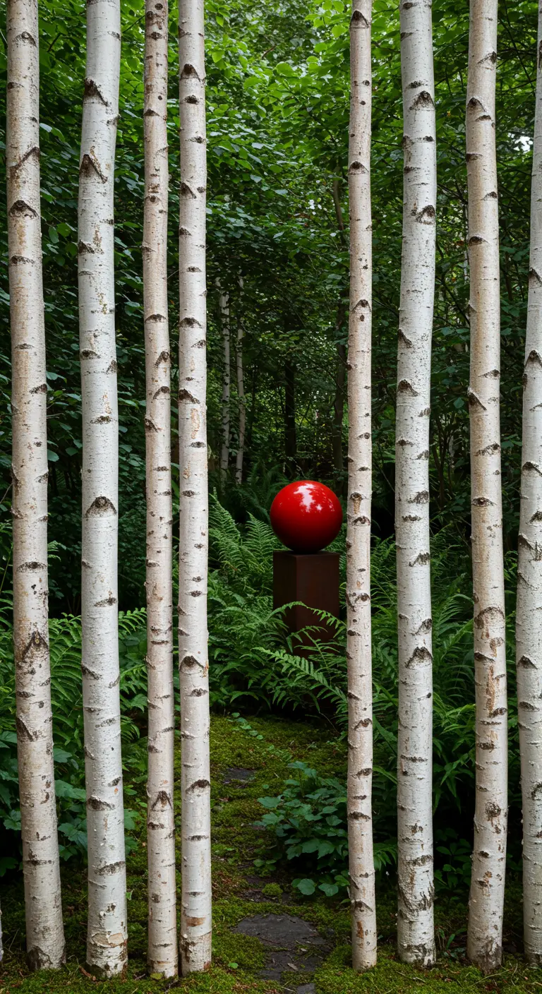 A shiny red sphere on a pedestal sits among a grove of white birch trees and ferns.