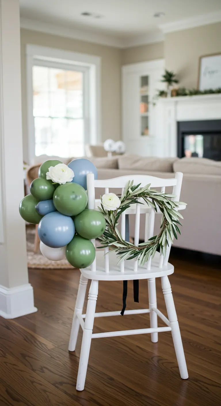 A white high chair decorated with a small cluster of green and blue balloons and an olive wreath.