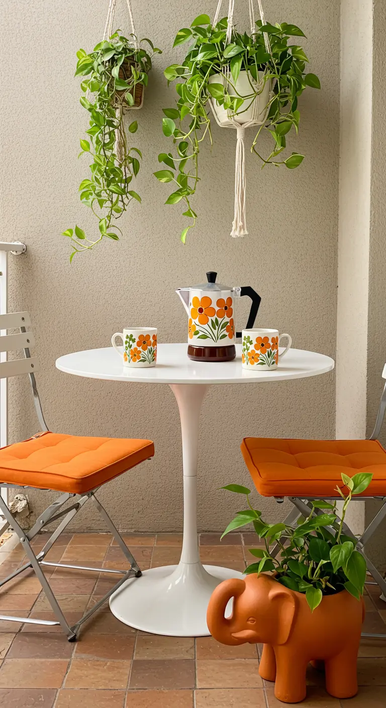 A small balcony with a white bistro table and orange chairs, plus an elephant planter.