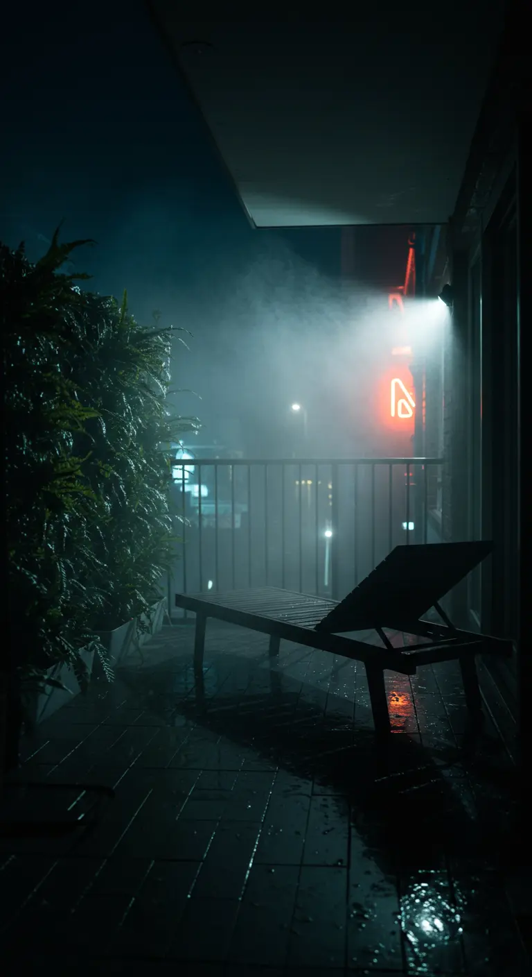 A dark, misty balcony at night with a single lounger and a red neon sign.