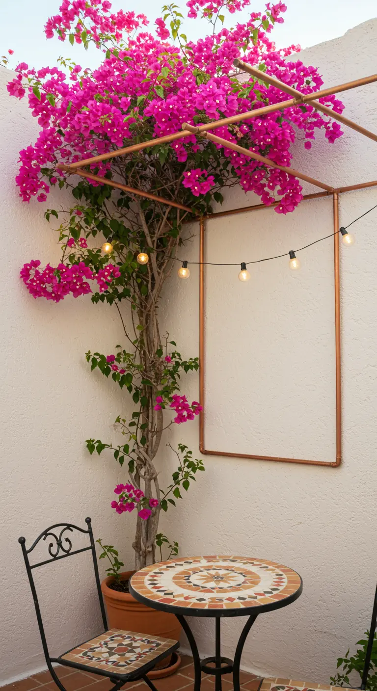 A copper pipe frame in a corner with a blooming bougainvillea vine growing over it.