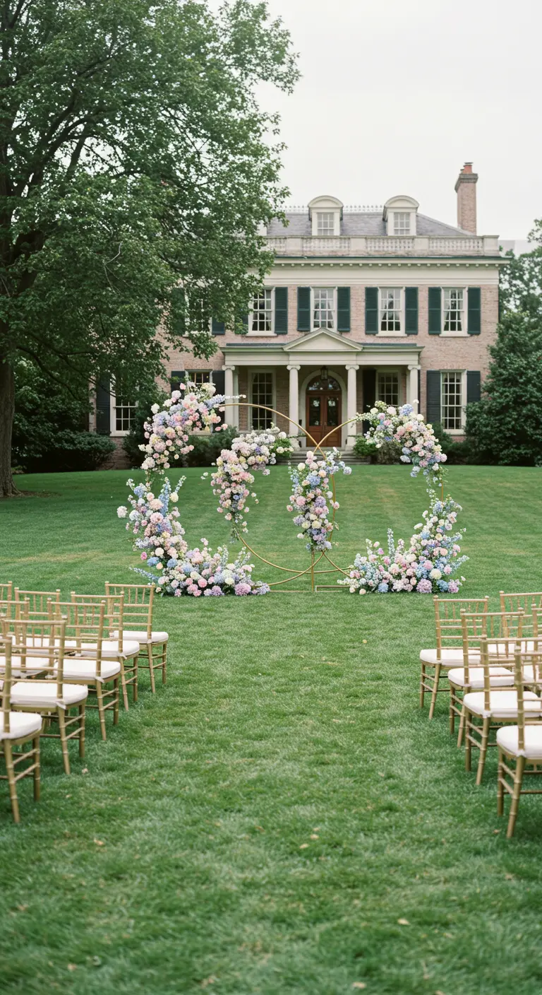A multi-hoop floral arch with pastel flowers on a manor lawn.