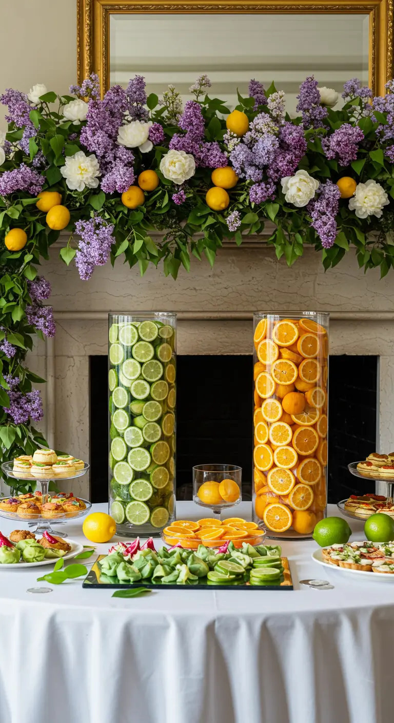 A fireplace mantel decorated with a lush garland of lilacs, peonies, and lemons.