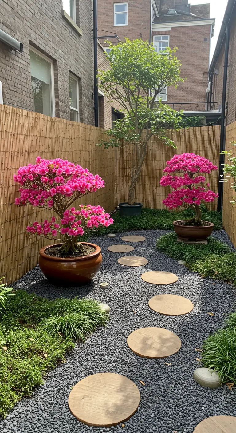 Garden path with round wooden stepping stones, flowering pink azalea bonsais, and a bamboo fence.