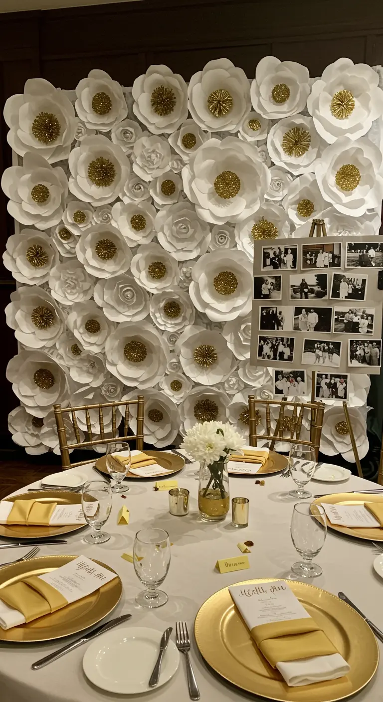 A stunning wall covered in handmade white and gold paper flowers for a photo backdrop.