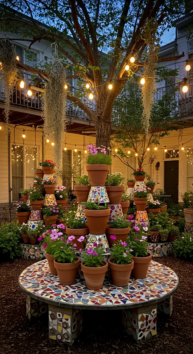 Tiered terracotta pots arranged in a pyramid on a colorful mosaic table.