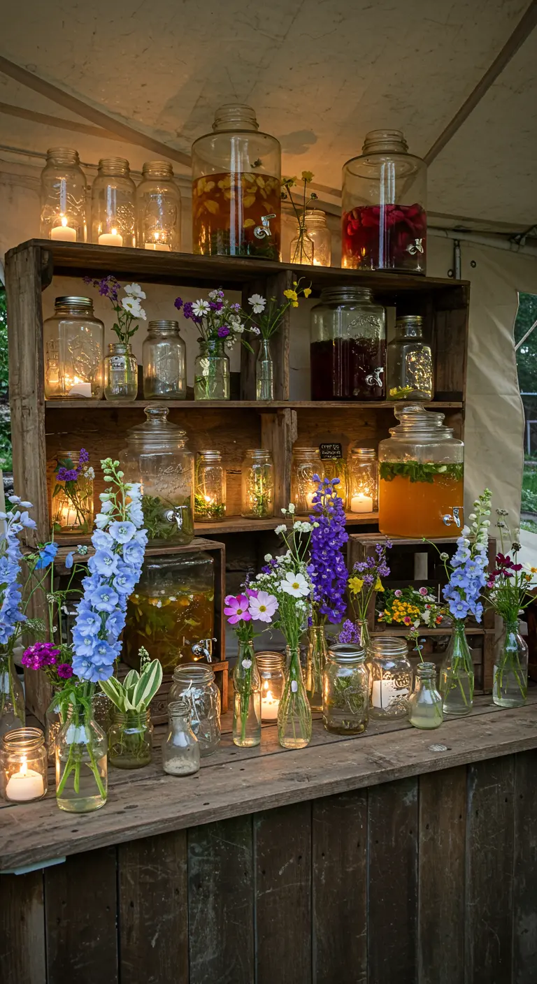 A rustic drink station with glass dispensers, wildflower vases, and mason jar candles.