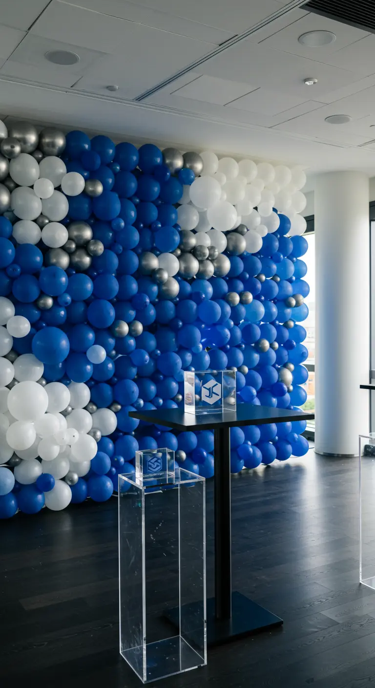 A full wall covered in blue, white, and silver balloons for an event.