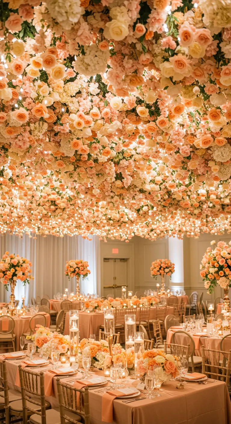 A dense ceiling of peach, pink, and cream roses, with soft lights twinkling throughout.