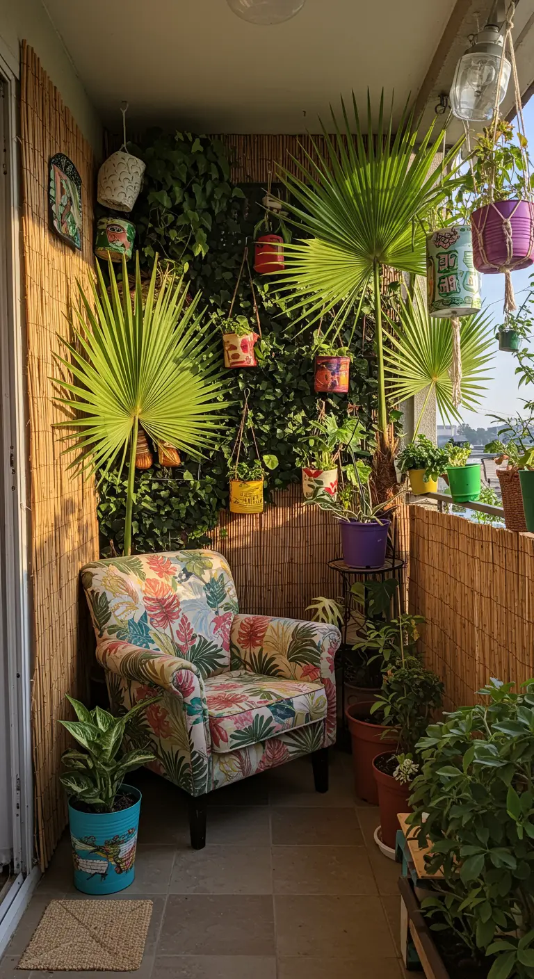 Eclectic balcony with a bamboo screen wall, floral armchair, and colorful hanging pots.