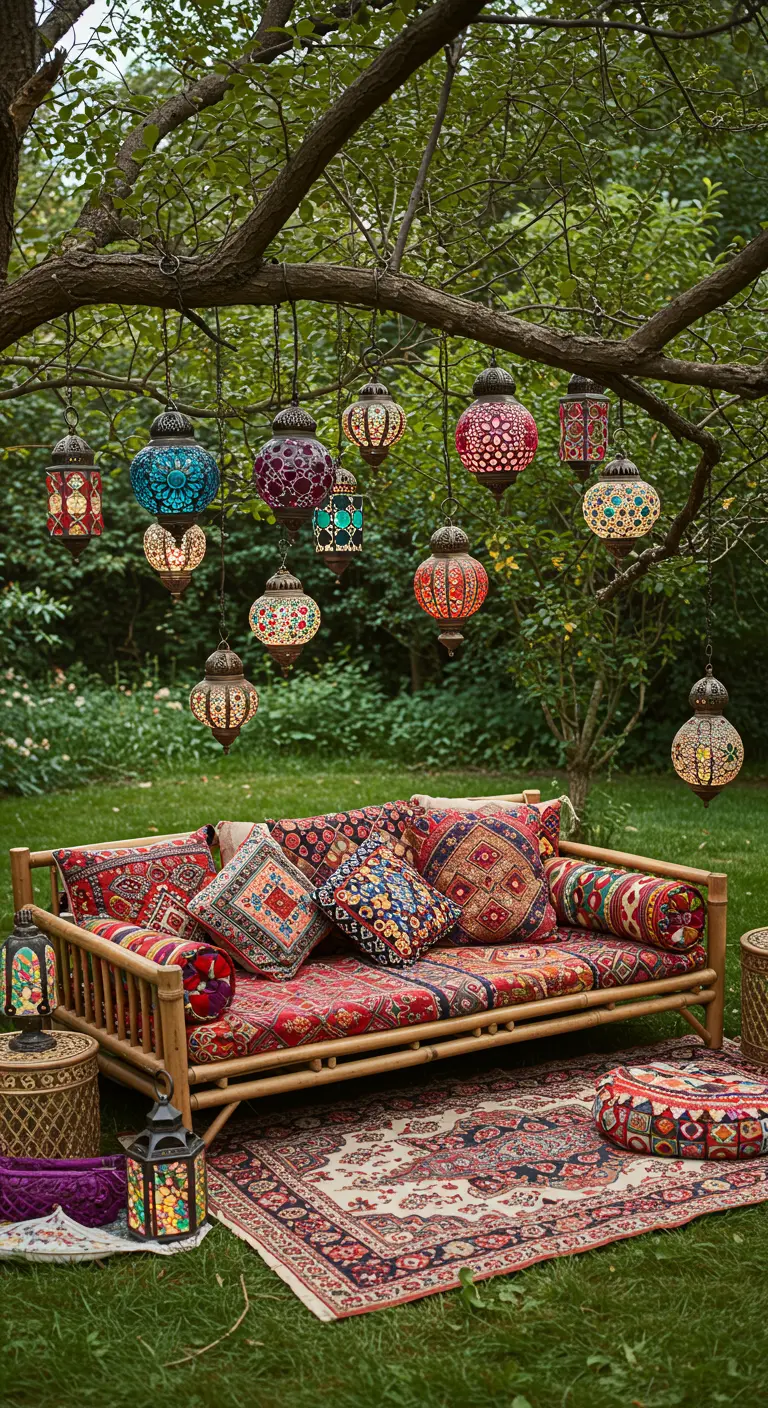A bamboo daybed covered in colorful bohemian pillows under a tree with hanging Moroccan lanterns.