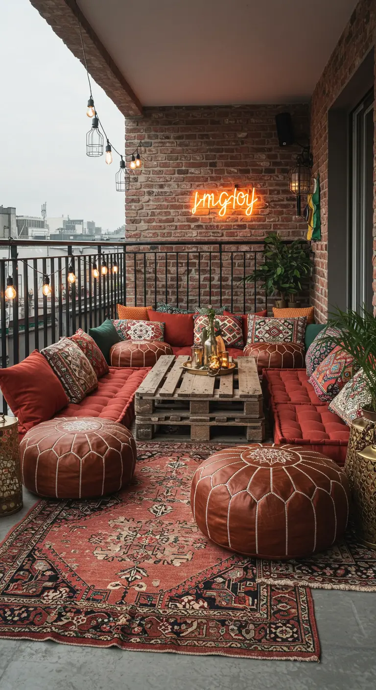A vibrant balcony with red pallet seating, leather poufs, a Persian rug, and an orange neon sign.