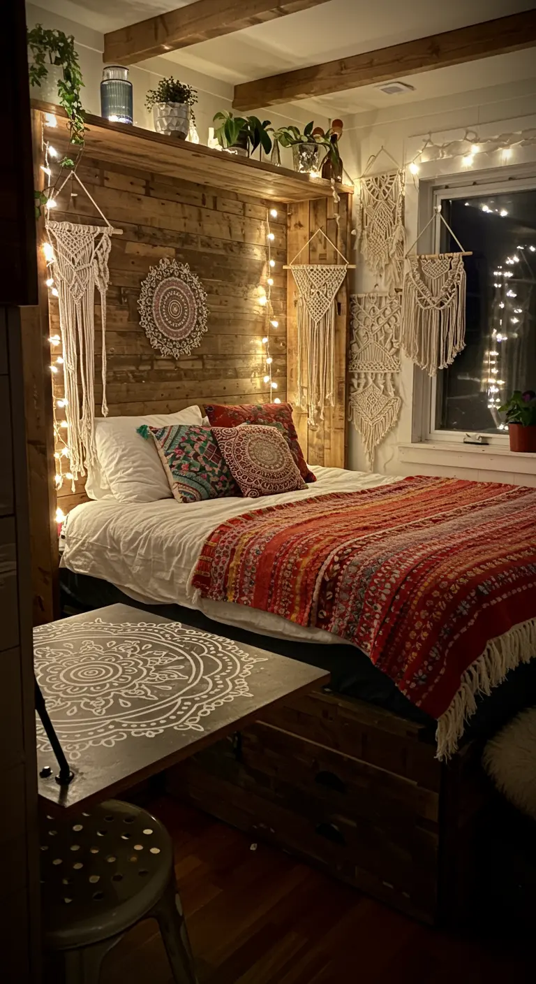A Murphy bed with a rustic wood headboard decorated with macrame and string lights.