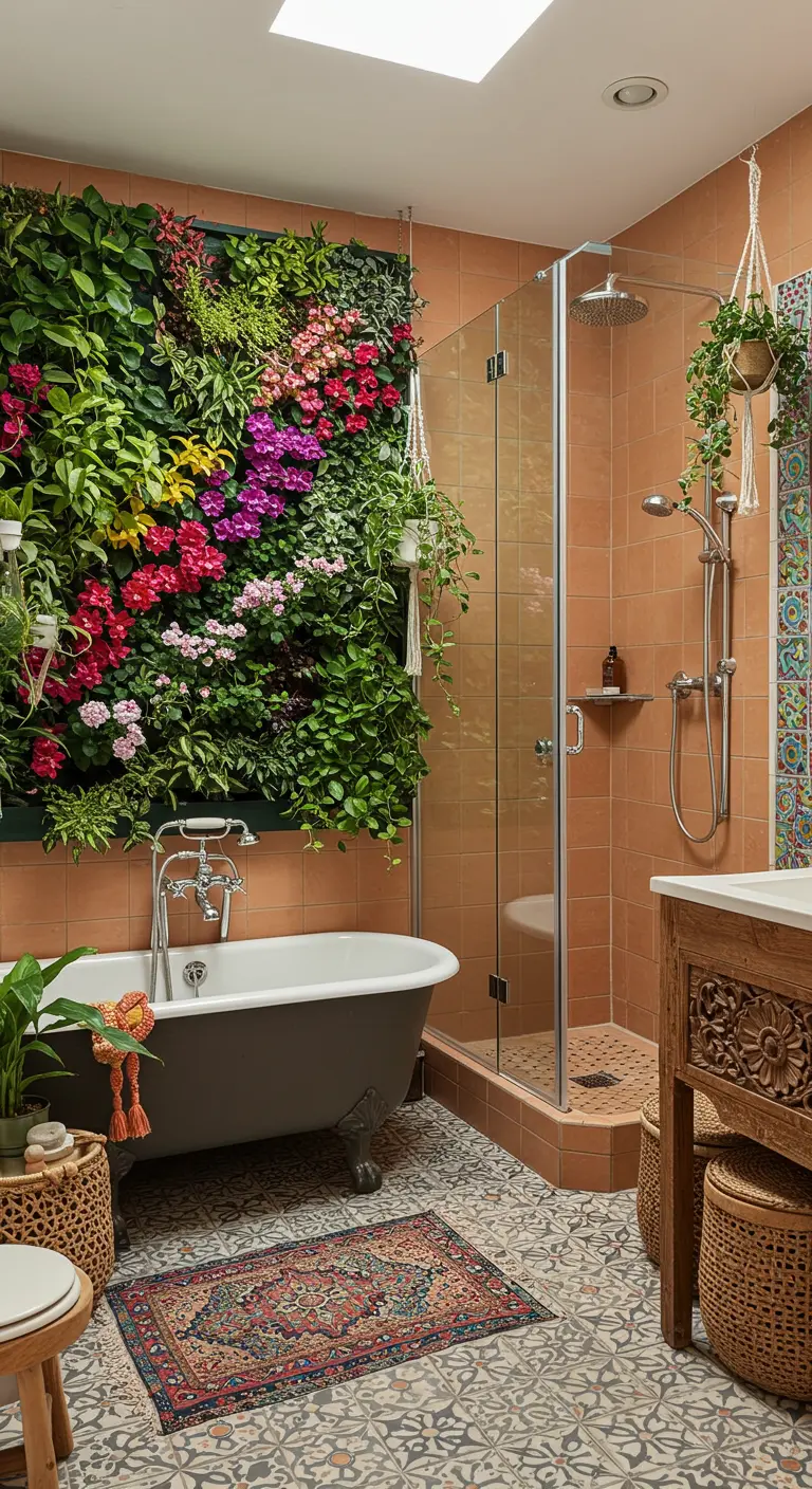 Eclectic bathroom with a colorful flower wall, clawfoot tub, and patterned floor.