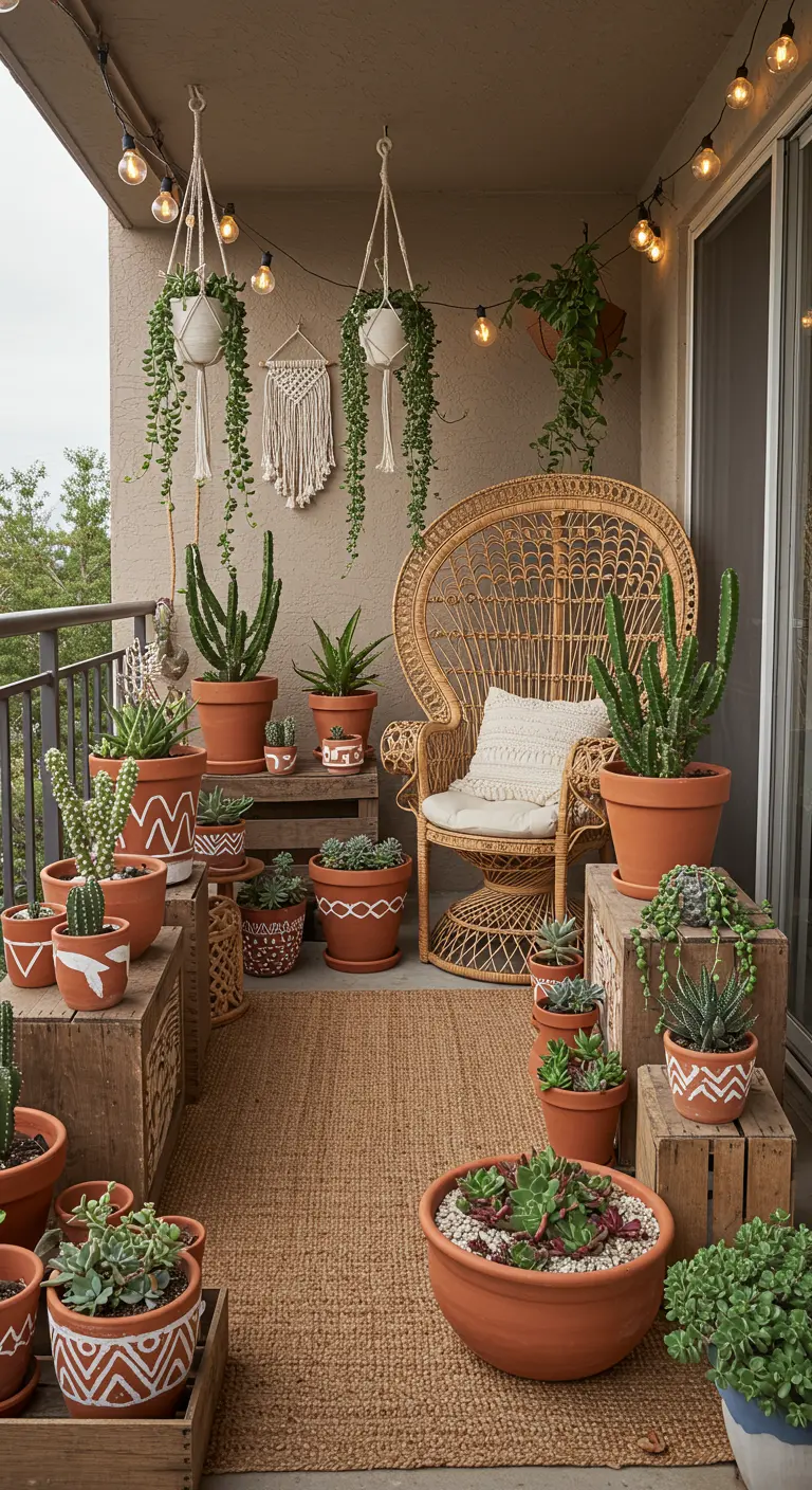Boho balcony with a rattan chair, macrame hangers, and many cacti in terracotta pots.