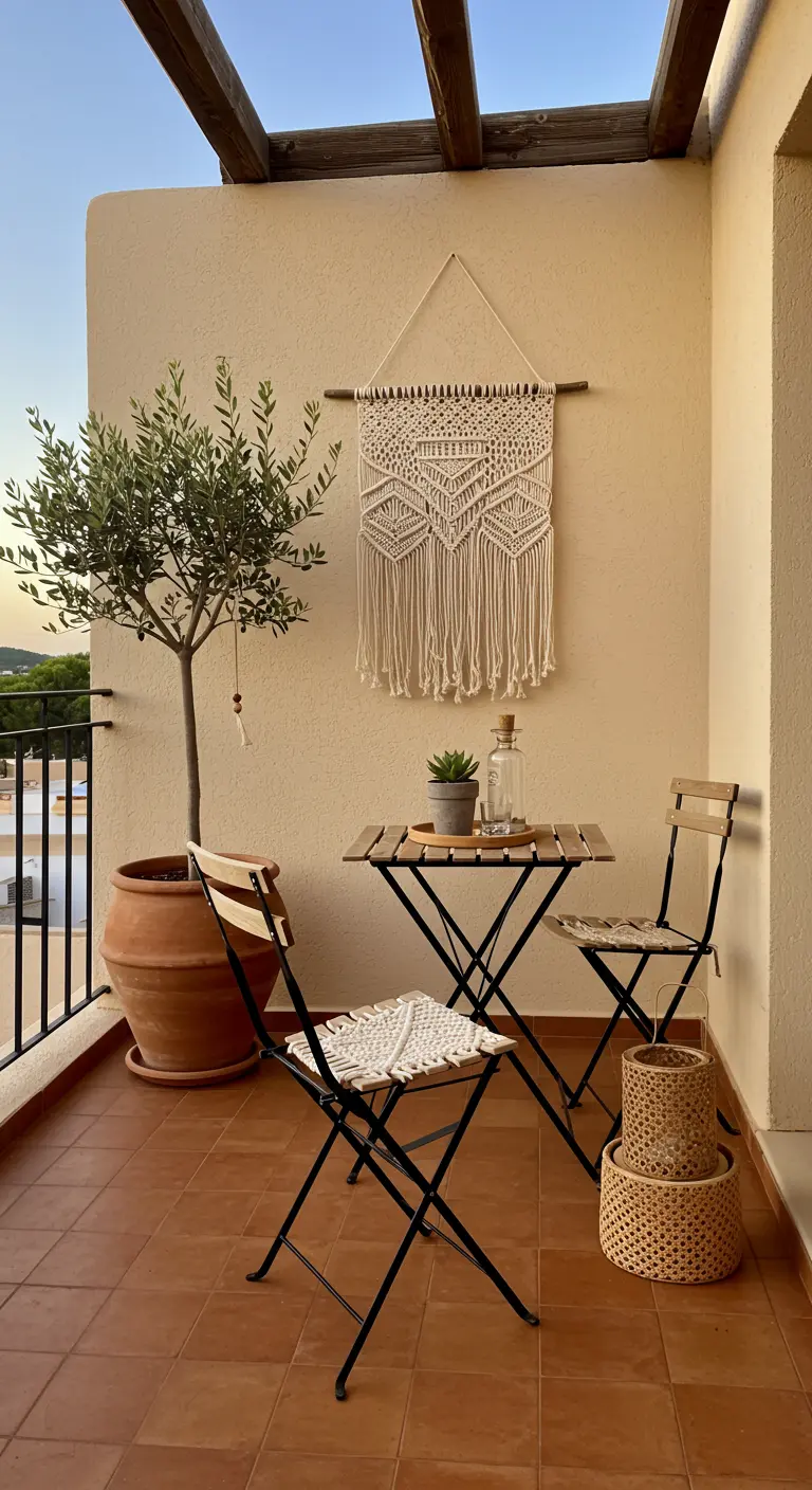 A balcony with an olive tree, a bistro set, and a large macrame wall hanging.