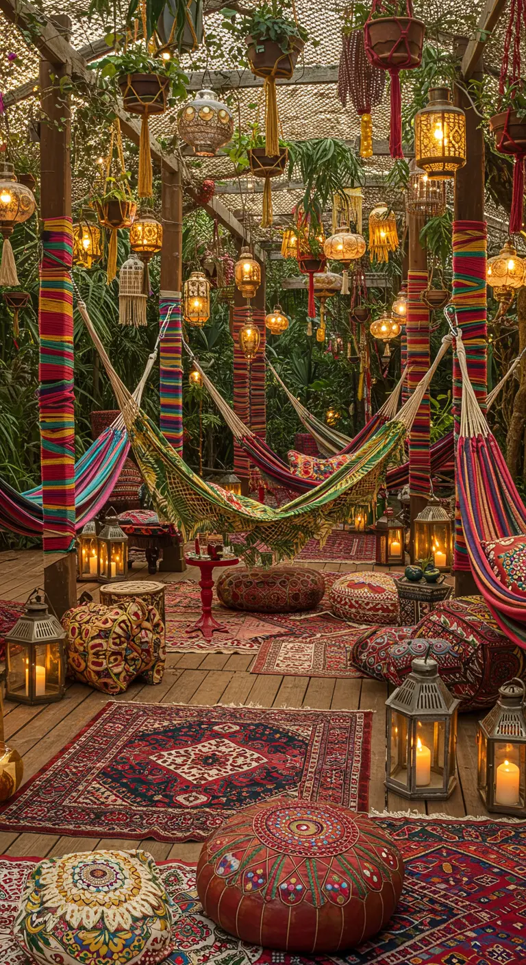 Colorful hammocks hanging in a bohemian paradise with layered rugs, lanterns, and fabric-wrapped posts.