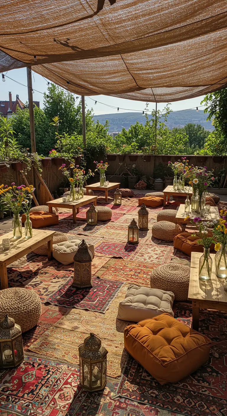 A patio covered in layered rugs and floor cushions for a bohemian-style lounge area.