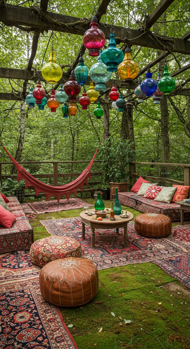 Bohemian deck with layered rugs, a hammock, and colorful glass lanterns hanging overhead.