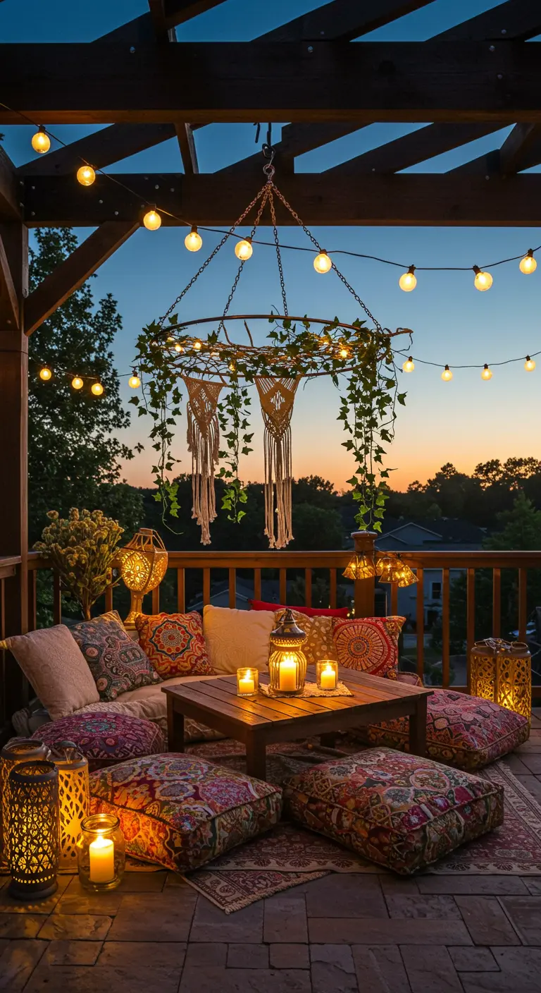 A large hanging hoop chandelier with lights and ivy over a bohemian-style seating area.