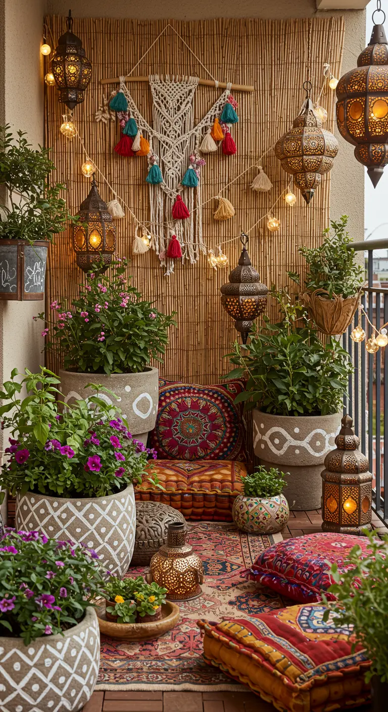 Colorful bohemian balcony with patterned cushions, lanterns, and many plants