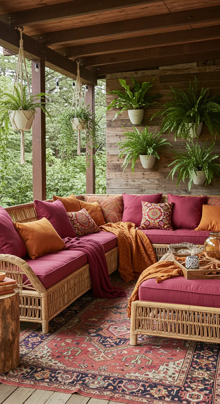 A boho porch with a natural rattan sectional, magenta cushions, and hanging ferns.