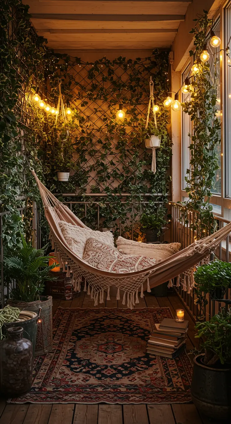 A cozy bohemian balcony with a hammock, ivy-covered walls, a patterned rug, and warm string lights.