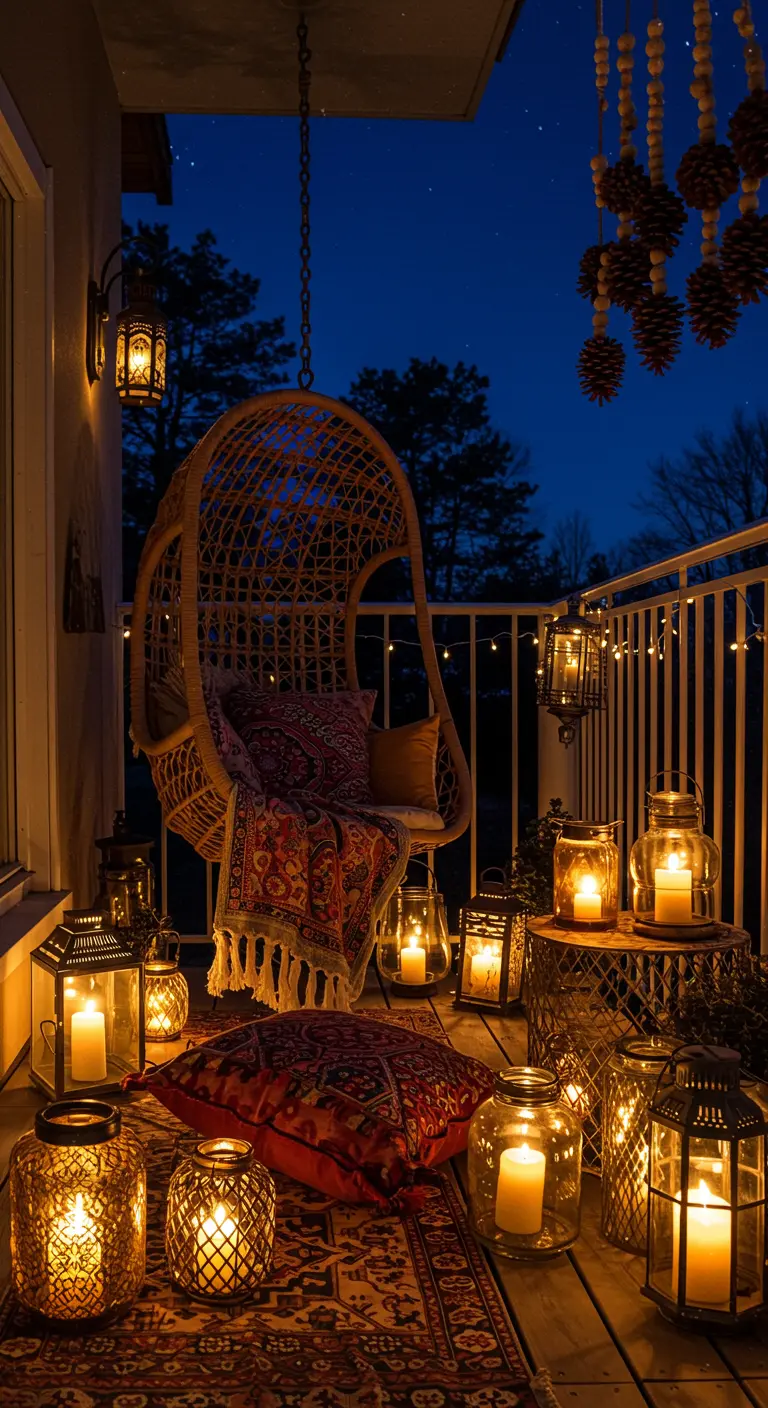 Bohemian balcony with a hanging wicker chair and dozens of glowing lanterns at night.