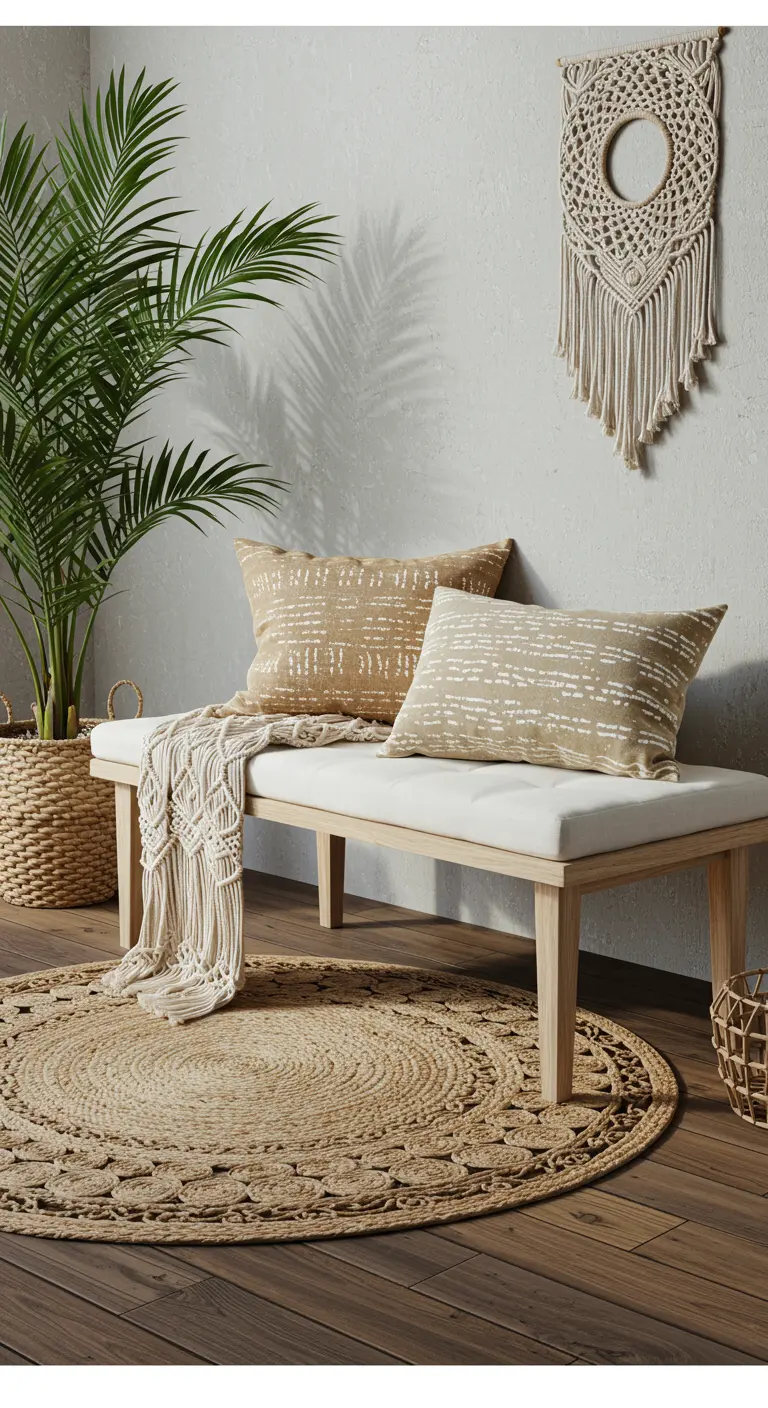 A wood bench styled with bohemian pillows, a jute rug, and a macrame wall hanging.