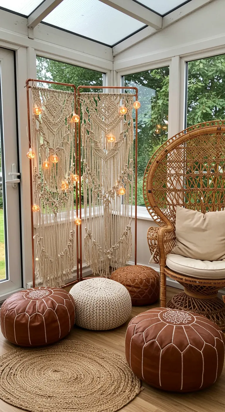 Copper pipe frames used as screens with macrame panels and globe lights.