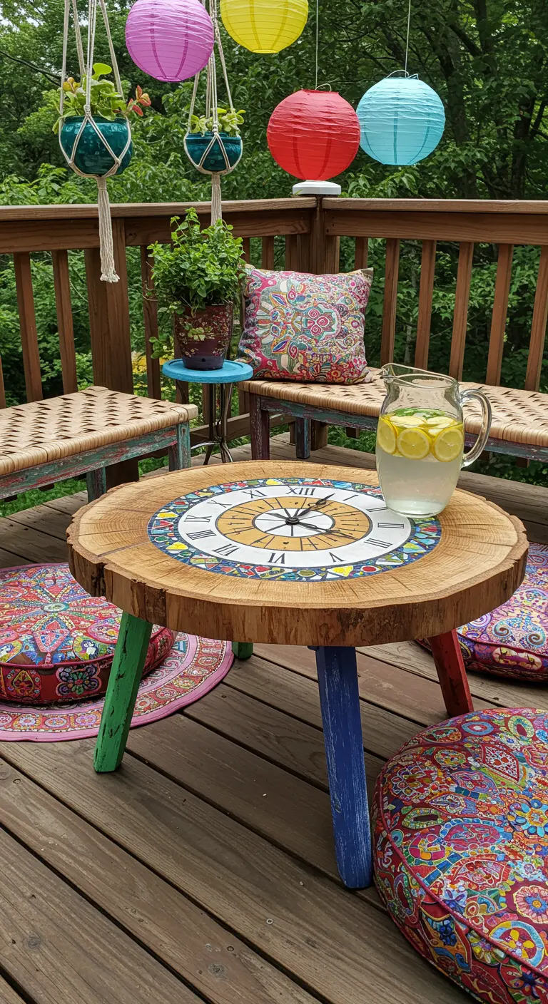 A log slice table with a colorful mosaic clock face and brightly painted legs on a boho deck.