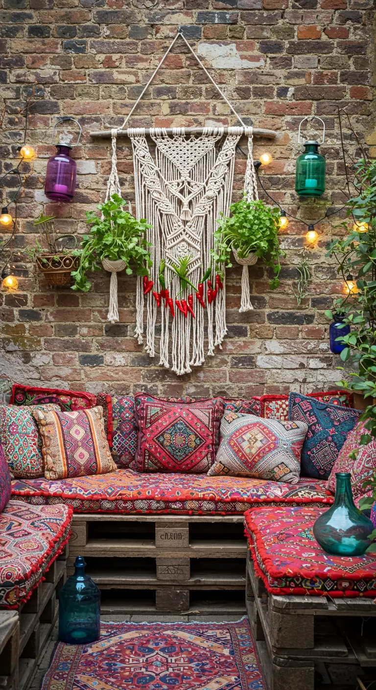 Cozy bohemian patio with a pallet sofa covered in colorful pillows and a macrame wall hanging.