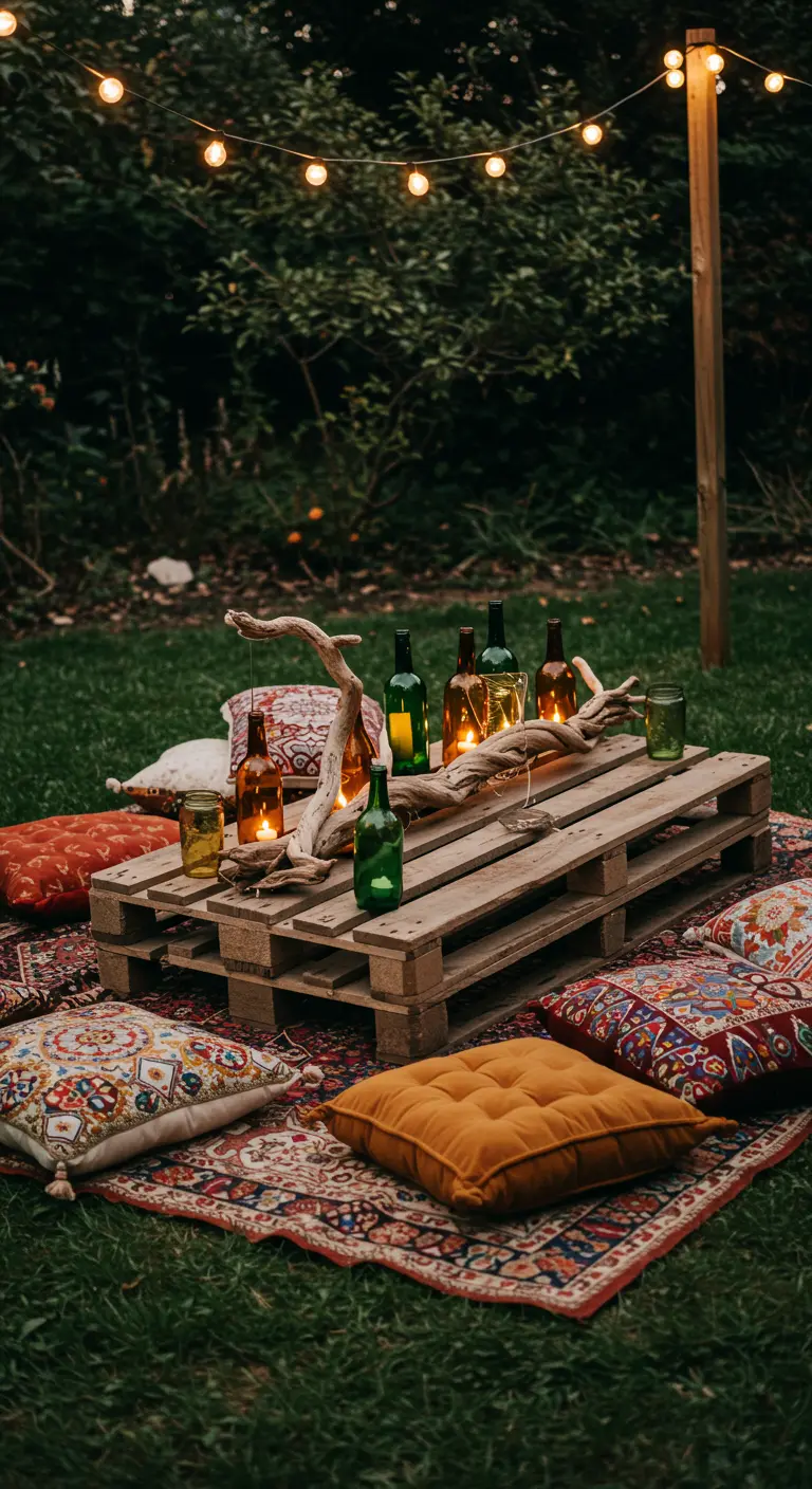 Driftwood and wine bottle candle centerpiece on a pallet picnic table with boho cushions.
