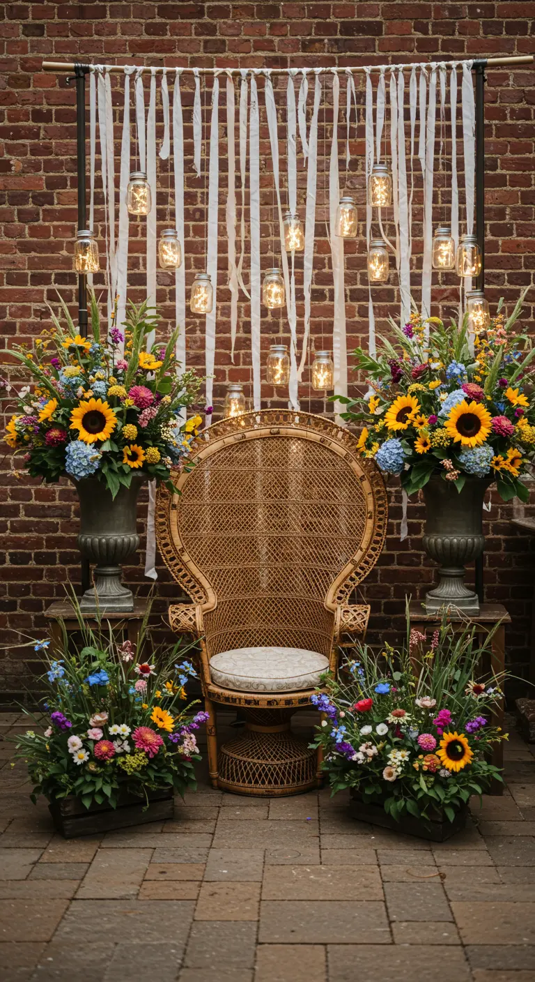 A wicker peacock chair photo spot with large floral urns and a hanging ribbon backdrop.