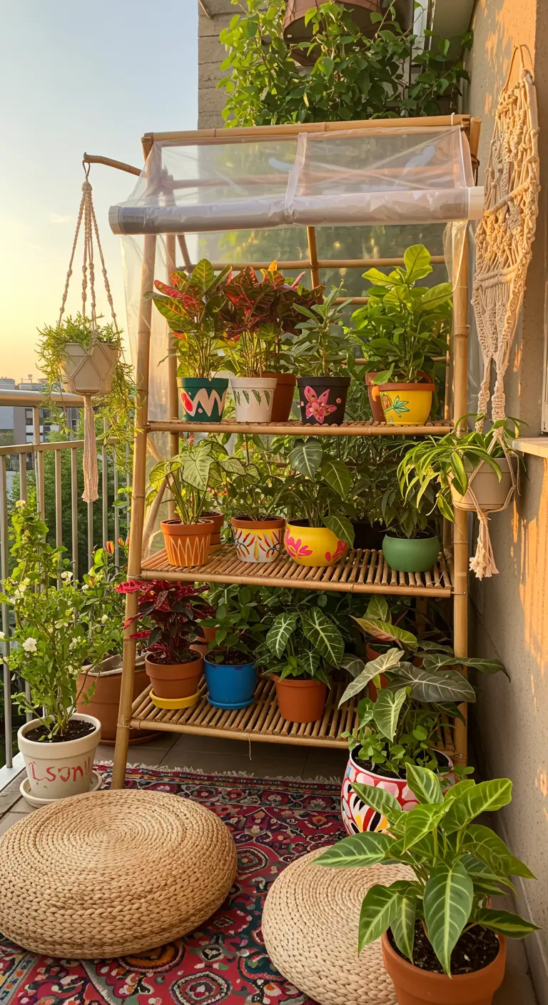 A bohemian-style bamboo shelf greenhouse filled with colorful potted plants and macrame hangers.
