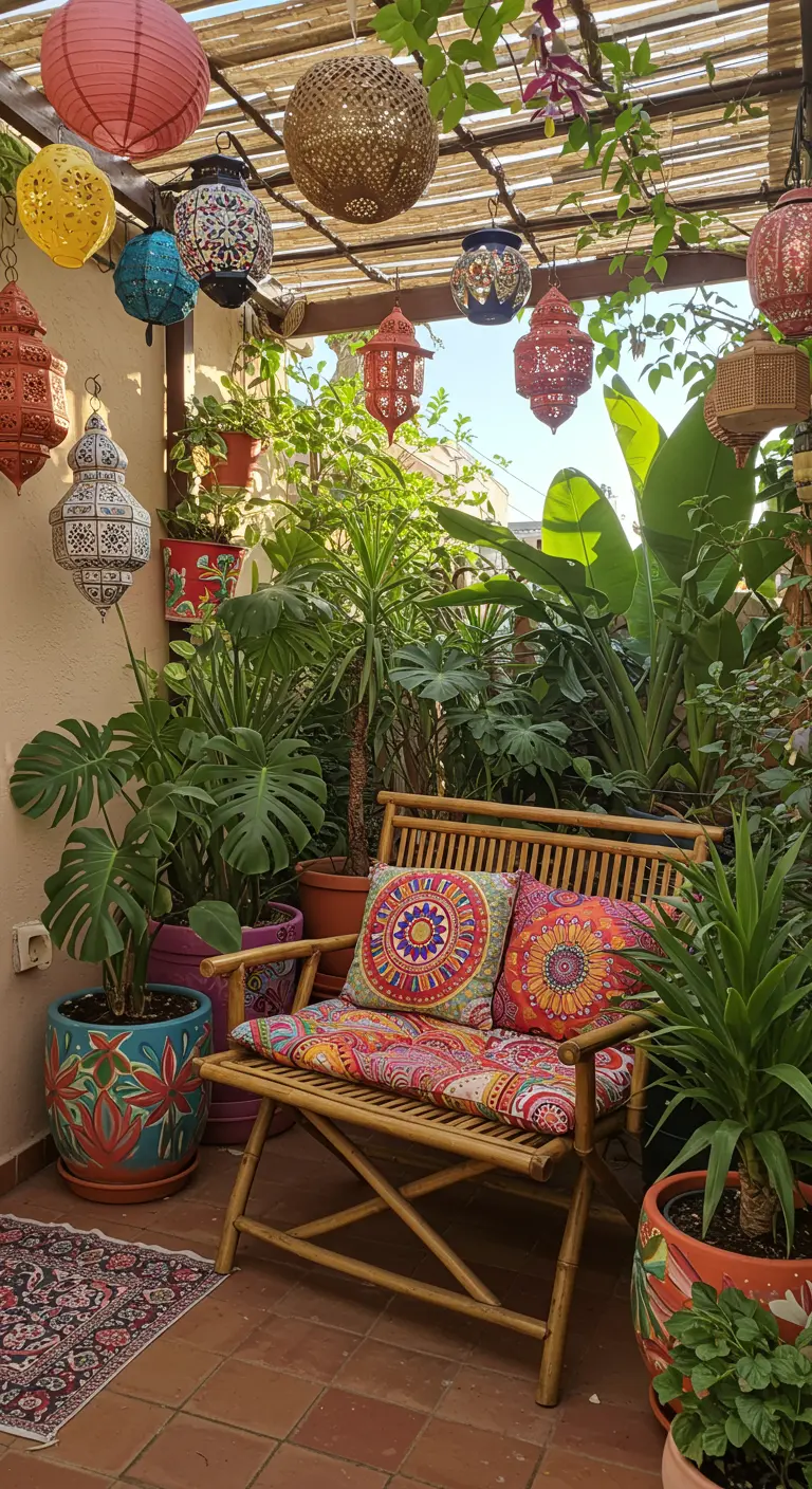 A colorful bohemian patio with hanging lanterns, a bamboo bench, and lush greenery.
