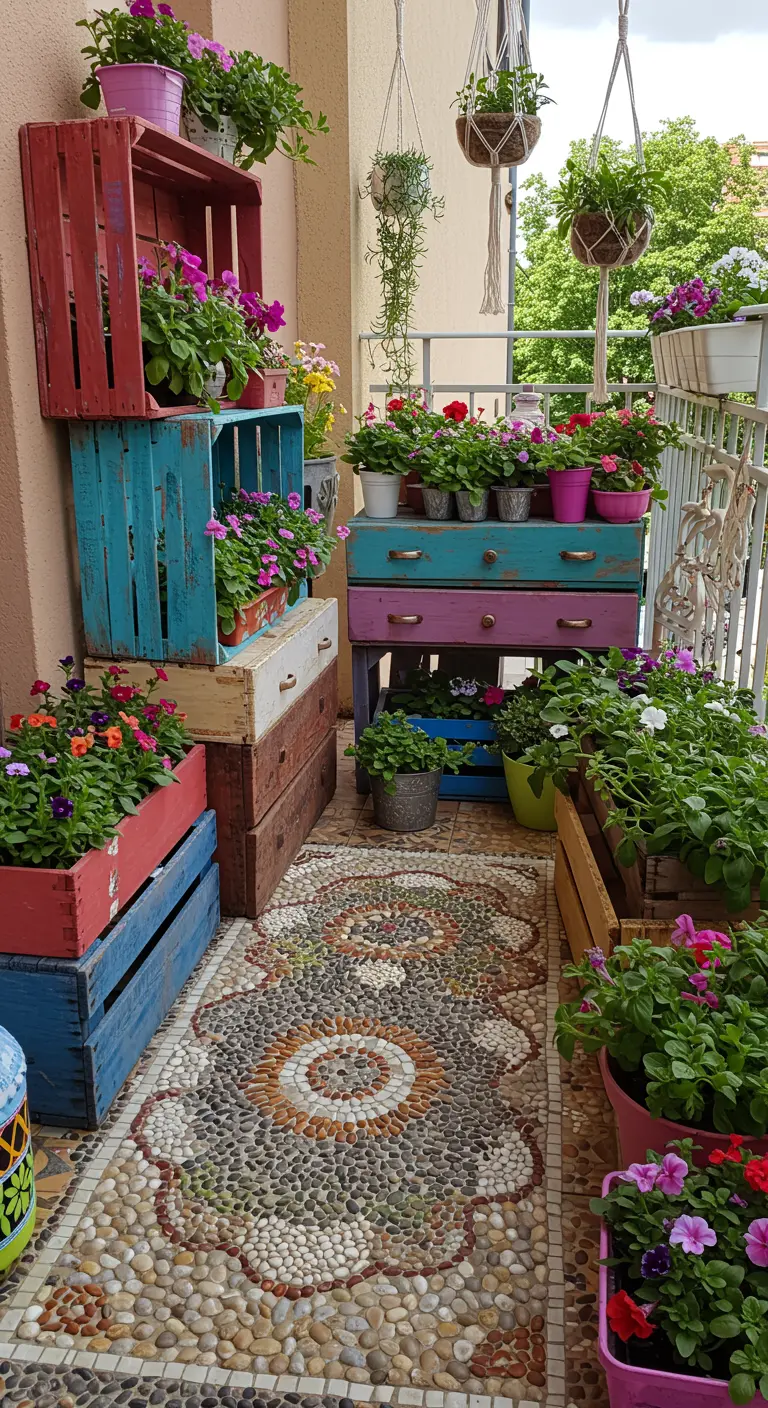 A colorful balcony with a pebble mosaic floor and repurposed furniture planters.