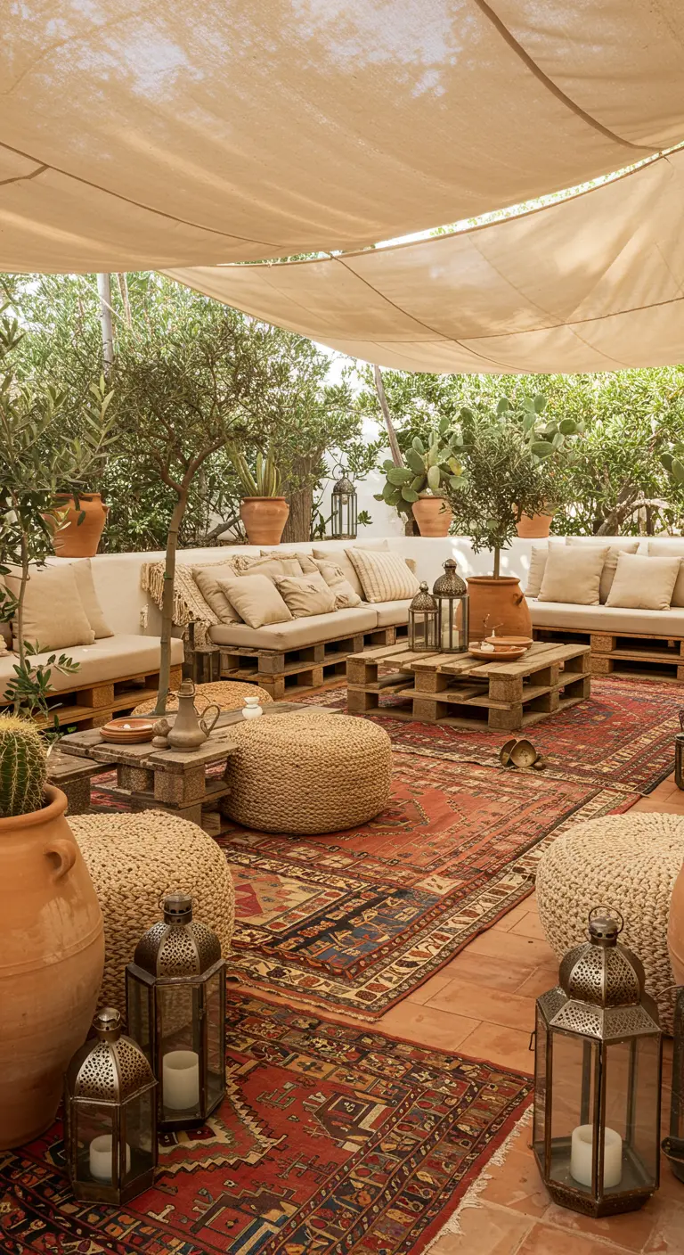 A bohemian-style patio with layered rugs, pallet sofas, floor poufs, and many lanterns.