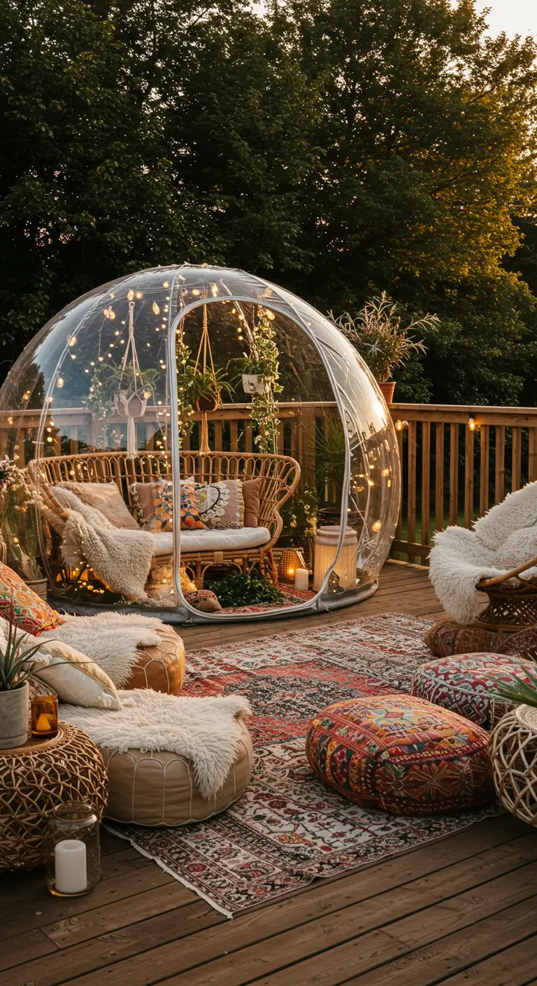 A transparent garden pod decorated in bohemian style with rattan furniture and many plants.
