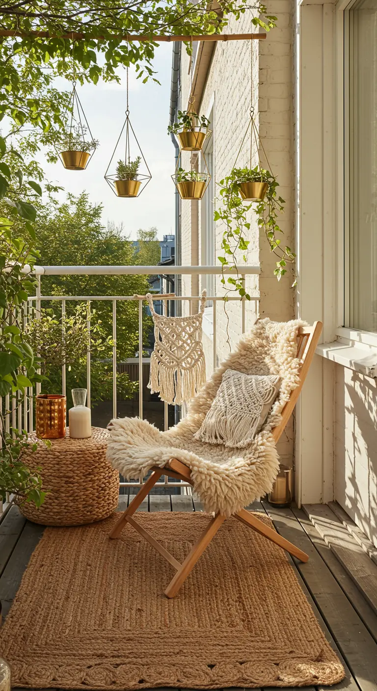 A balcony with bohemian touches like a jute rug, macrame details, and hanging planters.