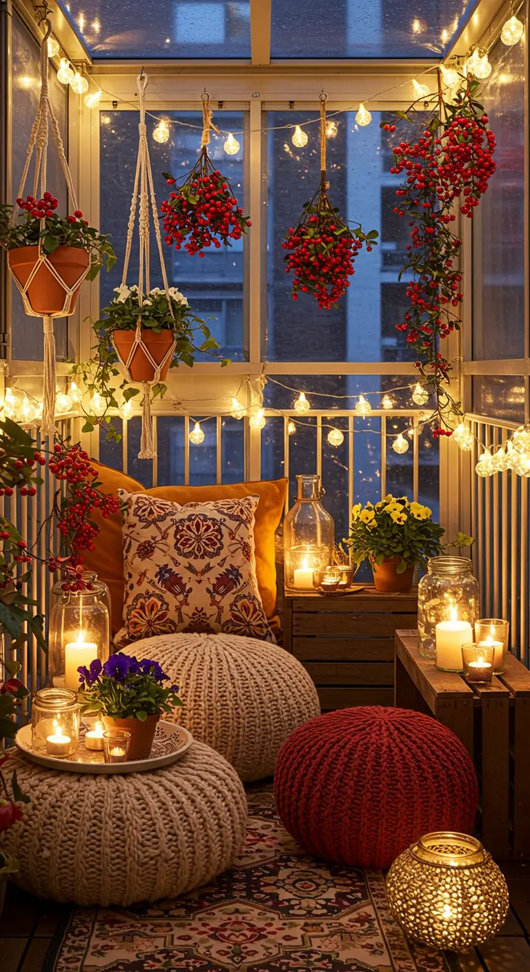Enclosed bohemian balcony with hanging berries, knit poufs, patterned rug, and many lights.