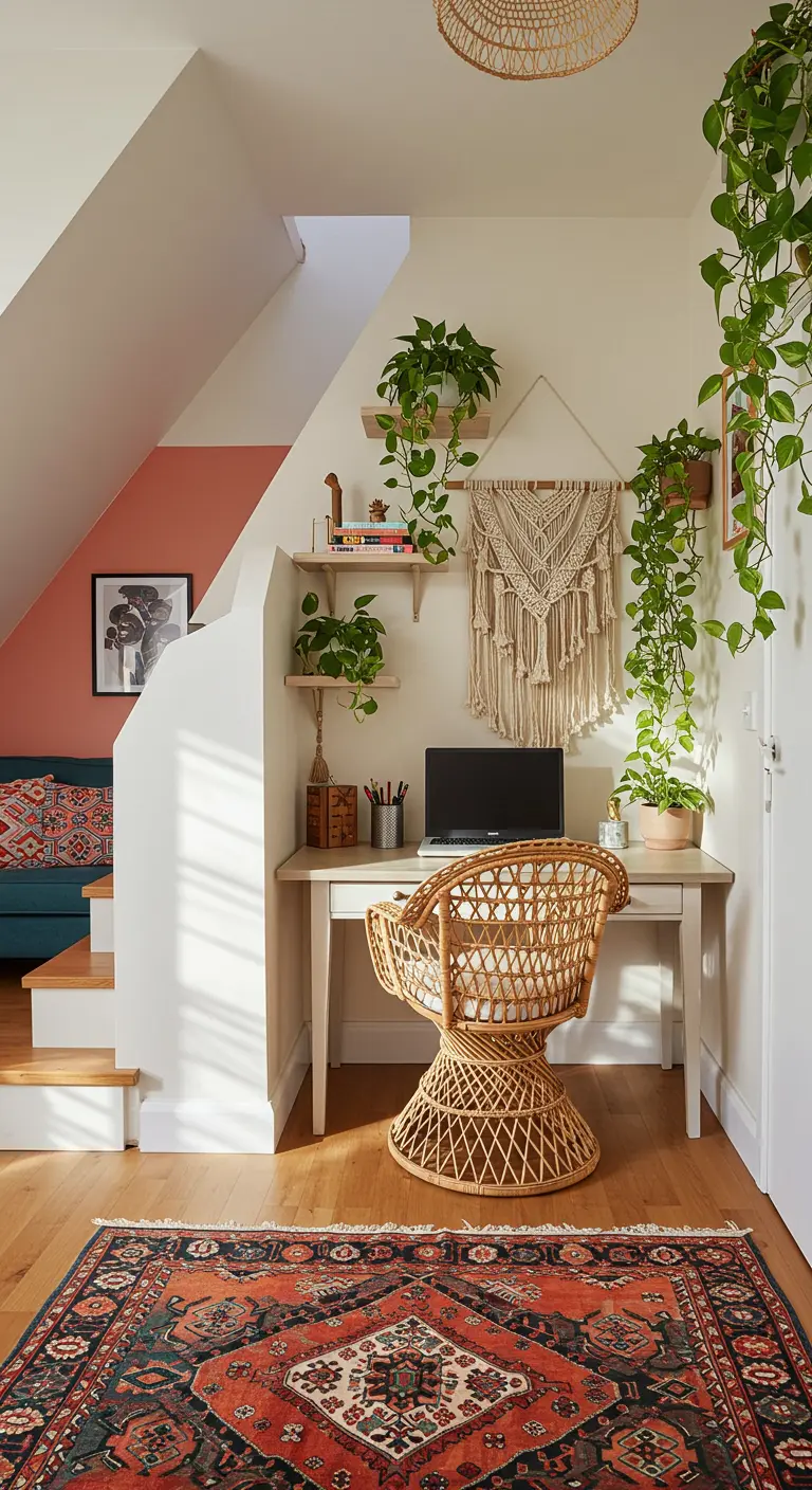 A bohemian workspace under the stairs with a rattan chair, plants, and a macrame wall hanging.