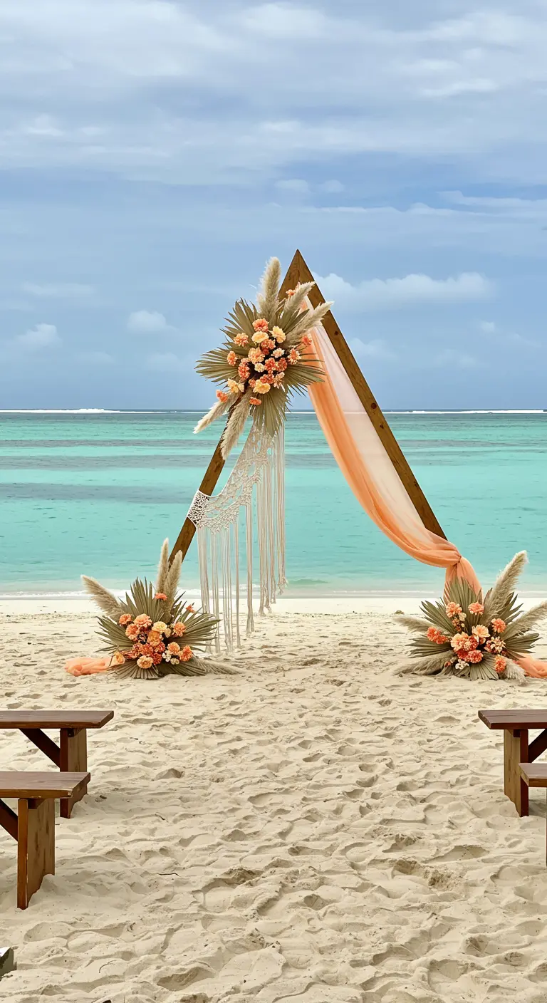 A wooden A-frame wedding arch on a beach, decorated with peach florals, pampas grass, and macrame.
