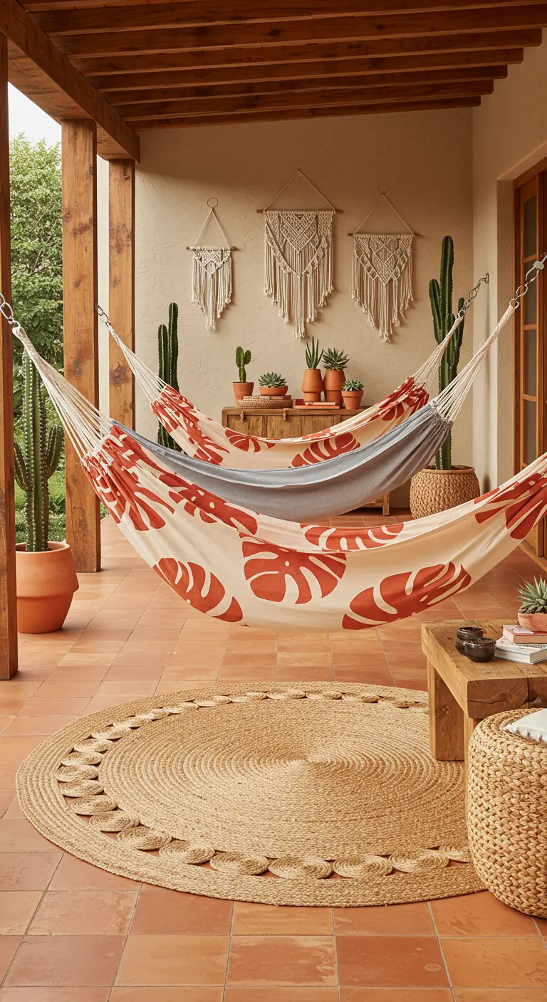Two leaf-print hammocks on a terracotta-tiled patio with macrame wall hangings and cacti.