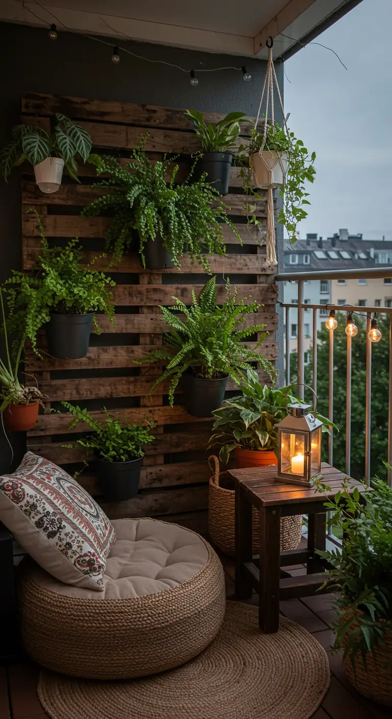 A rustic pallet wall on a balcony holding various potted ferns and plants.