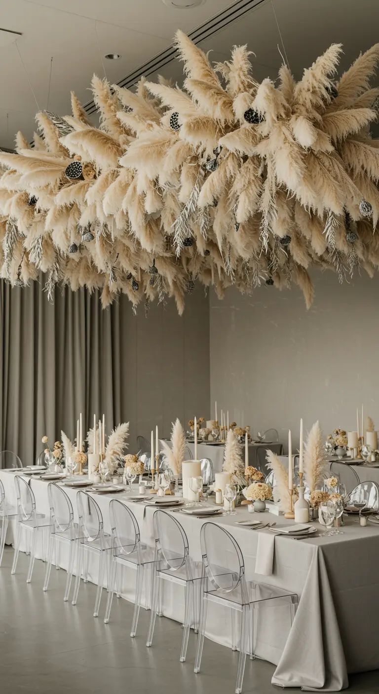 A large, fluffy pampas grass installation with silver ornaments over a minimalist tablescape.