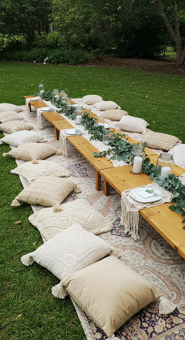 A low picnic table on the grass with layered rugs and a variety of neutral pillows.